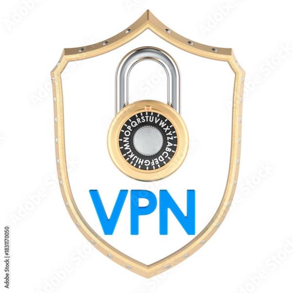 Fototapeta VPN security shield with combination lock, 3d rendering