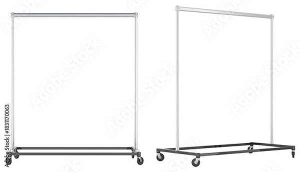 Fototapeta Metal clothing racks on wheels, front and side views. 3d rendering