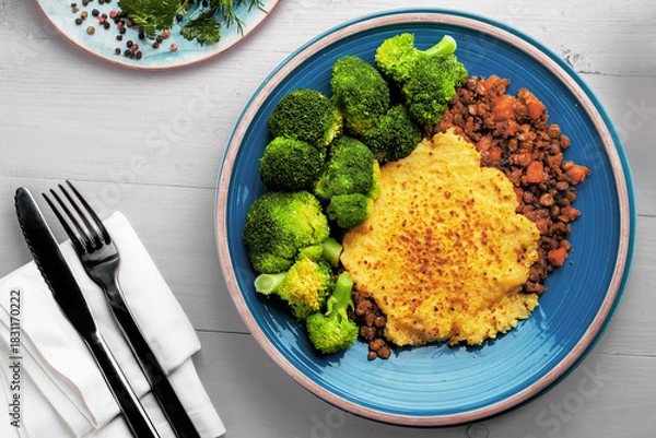 Obraz Healthy Lentil Mash Pie Served with Fresh Broccoli