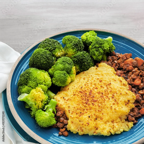 Obraz Lentil Shepherd’s Pie with Steamed Broccoli