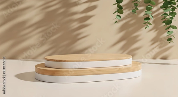 Obraz Product Display Podium Wood White Oval Beige Background Copy Space