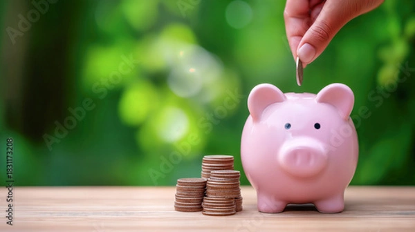 Fototapeta Hand placing coin into pink piggy bank