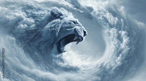 Fototapeta A powerful blizzard swirling in mid-air, snow forming the shape of a roaring lion emerging from the storm