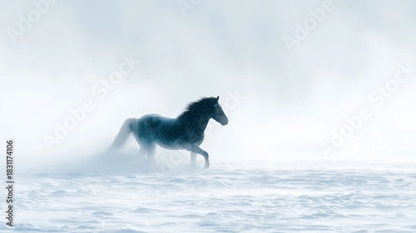Fototapeta Whirling snow creating the silhouette of a running horse in frozen motion