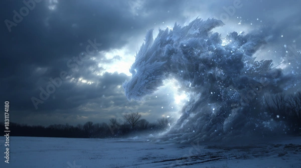 Fototapeta Snowflakes spinning into a mystical dragon made of ice and storm clouds
