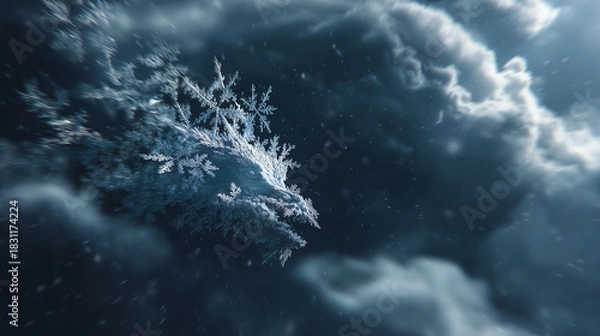 Fototapeta Snowflakes spinning into a mystical dragon made of ice and storm clouds