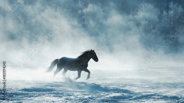 Fototapeta Whirling snow creating the silhouette of a running horse in frozen motion