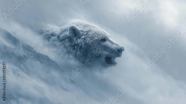 Fototapeta A snowstorm shaping itself into a massive bearâs head emerging from the swirling white fog