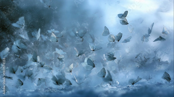 Fototapeta Blizzard forming delicate butterfly shapes fluttering through icy air