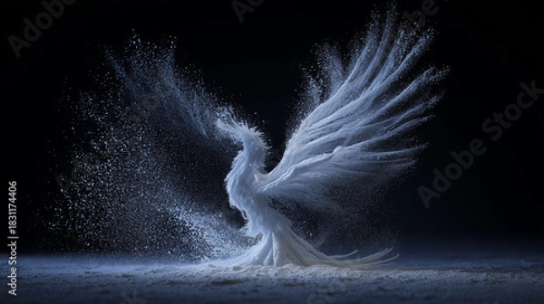 Fototapeta Whirling blizzard forming the figure of a soaring phoenix made entirely of snow particles