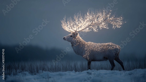 Fototapeta Snowstorm shaping into a majestic stag with glowing antlers made of frost