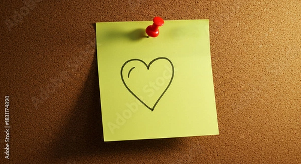 Fototapeta Yellow sticky note with heart drawing pinned to a corkboard  
