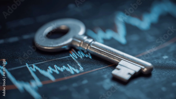 Fototapeta Metal key lying on financial data chart representing security access control investment strategy risk management and market analysis in modern finance background