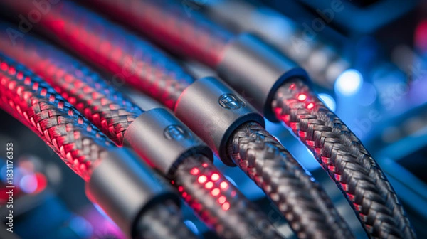 Obraz Macro close-up detail of braided carbon fiber cables with glowing red and blue lighting representing high performance connectivity data transfer durability and advanced technology