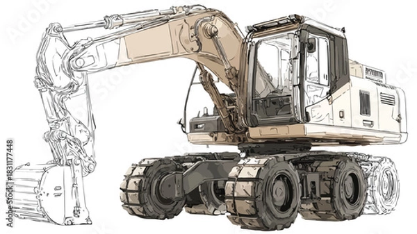 Obraz Detailed Excavator Drawing in Progress with Vector Outline Isolated