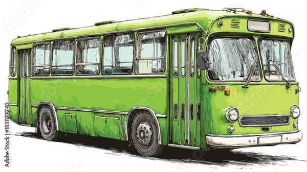 Obraz Detailed Vector Drawing of Green Bus with Large Window - Professional Transport Illustration