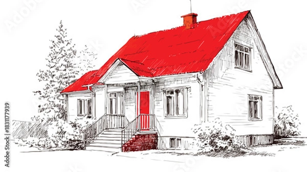 Obraz Modern Red Roof House Vector Illustration for Graphic Design Projects