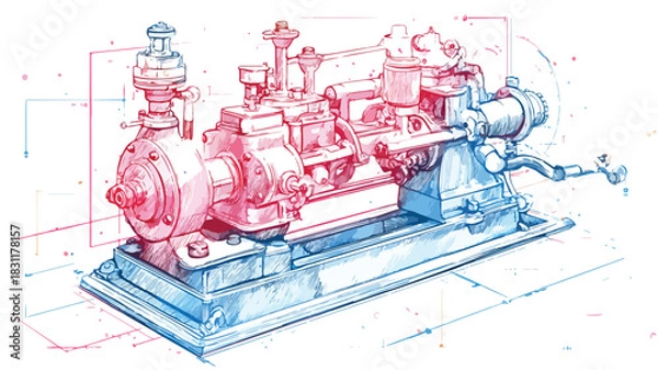 Obraz Detailed Machine Illustration with Red and Blue Design in Vector Format