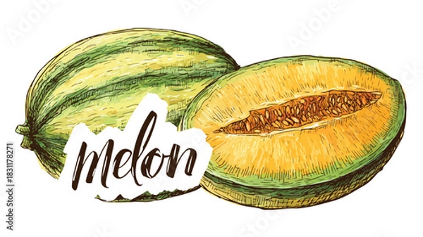 Obraz Vibrant Melon Drawing with "Melon" Text - Creative Vector Illustration