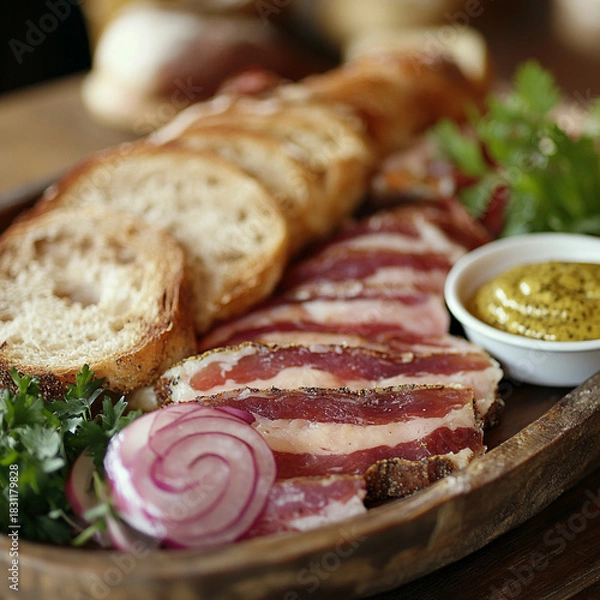 Obraz Platter of sliced meat with bread, onions, and mustard on wooden board  