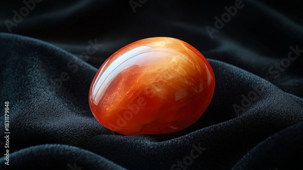 Fototapeta Polished orange gemstone resting on black satin fabric  