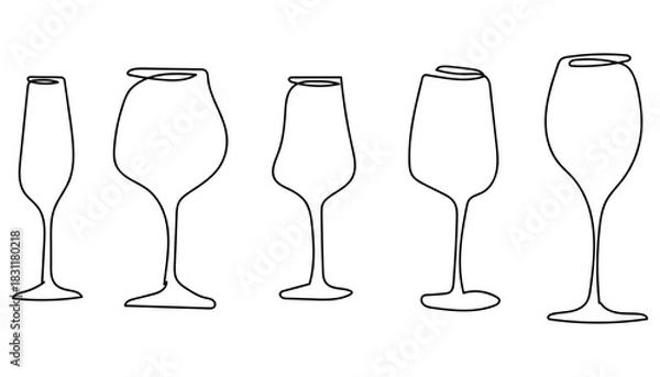Obraz A minimalist line drawing of five different types of glasses on a white background.