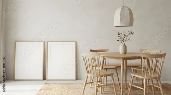Fototapeta Minimal dining room with wooden table, chairs, and blank leaning frames