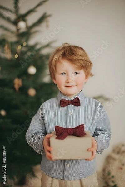 Obraz cute child holding a Christmas gift in front of a holiday tree Christmas portrait