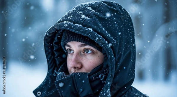 Obraz Person in Winter Coat with Hood in Snowy Forest for Outdoor Activity Blogs, Winter Fashion Websites, Cold Weather Awareness, and Personal Style Content