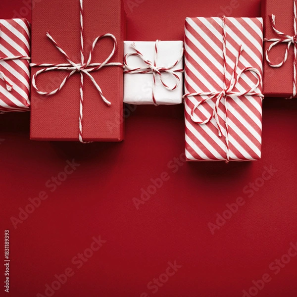 Obraz Gift boxes on color background, flat lay, space for text