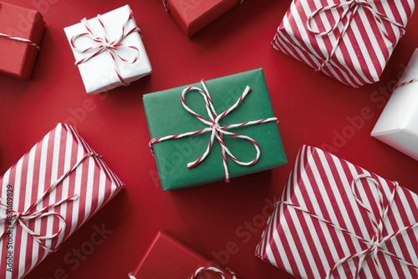 Obraz Color gift boxes on color background, flat lay