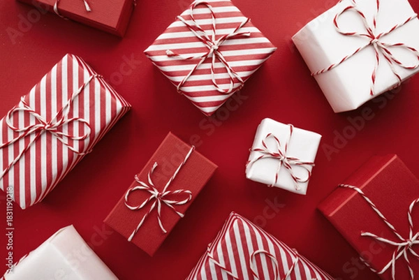 Obraz Color gift boxes on color background, flat lay