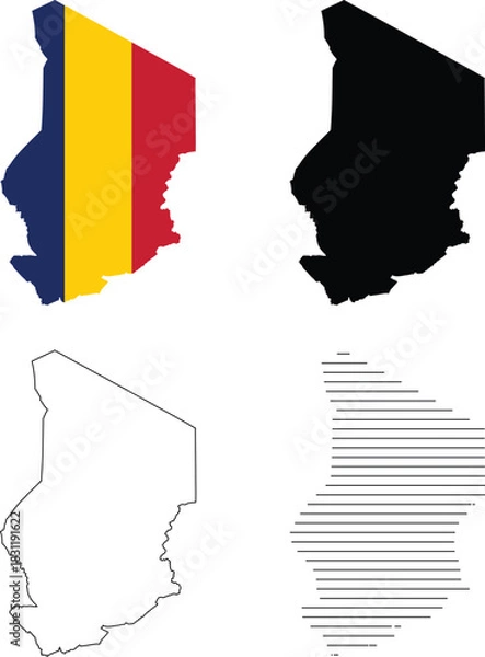 Fototapeta Chad map national flag, solid silhouette, outline, and striped versions, isolated vector illustration for geography and country concepts.