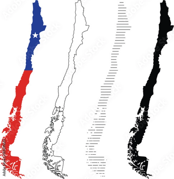 Fototapeta Chile map vector illustration set. includes flag, outline, hatched, and solid silhouette versions of the country's geography