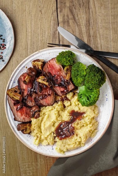 Obraz Overhead View of Steak, Mashed Potatoes, and Broccoli Dinner