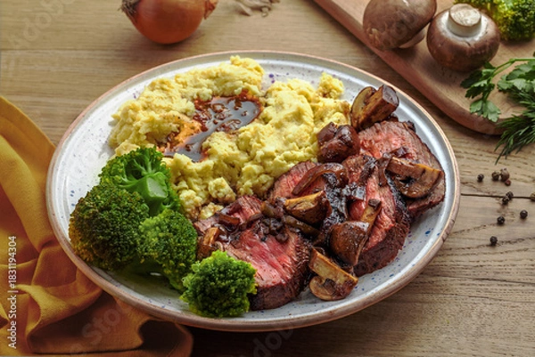 Obraz Sliced Medium Rare Steak with Mashed Potatoes and Broccoli