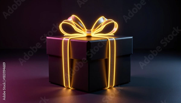 Fototapeta Black gift box with glowing ribbon on dark background 