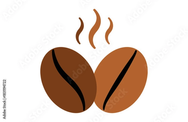 Fototapeta Illustration of two coffee beans with steam rising above them on a white background