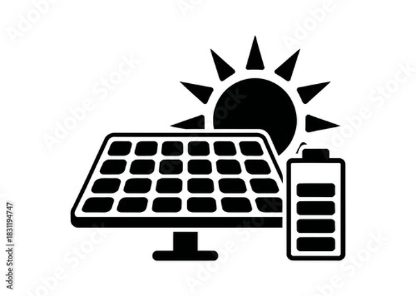 Fototapeta Illustration of a solar panel with a battery and a sun in a black and white design