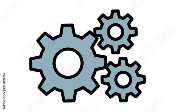 Fototapeta Illustration of three light gray gears with black outlines arranged together on white