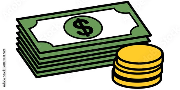 Fototapeta Illustration of a stack of green dollar bills and a stack of gold coins next to it