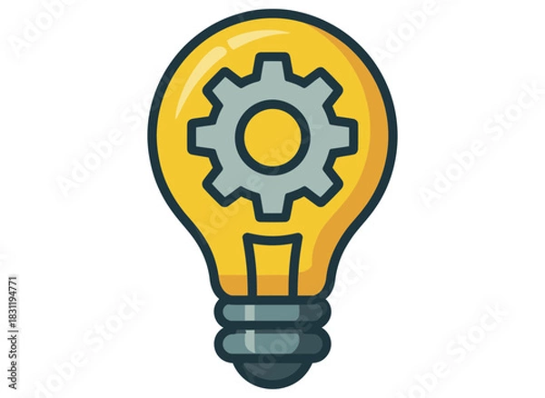 Fototapeta Illustration of a yellow light bulb with a gray gear inside it on a white background