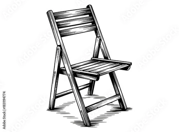 Fototapeta Illustration of a wooden folding chair with a slatted back and seat in black and white