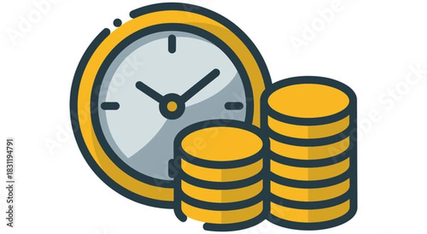 Fototapeta Illustration of a clock with hands indicating the time next to stacks of golden coins