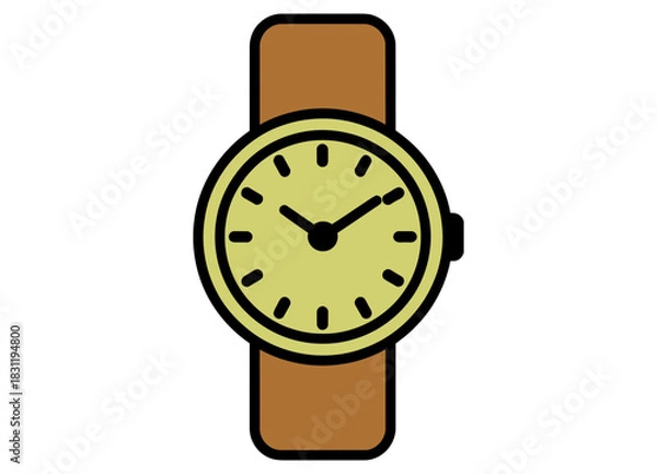 Fototapeta Illustration of a wrist watch with a brown strap and a yellow clock face design
