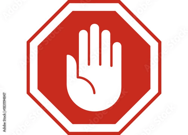 Fototapeta Illustration of a red octagonal stop sign with a white hand in the center of the sign