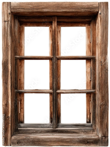 Obraz A Close-Up View of a Rustic Wooden Window Frame with Six Panes and a Natural Aged Finish on Transparent Background