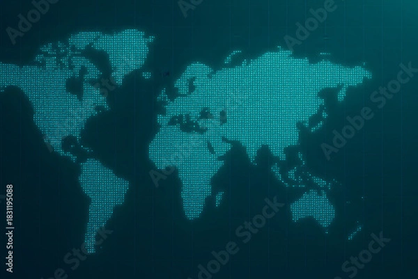 Obraz Digital world map made of glowing dots on dark grid background representing global data networks, cybersecurity systems, and futuristic technology infrastructure

