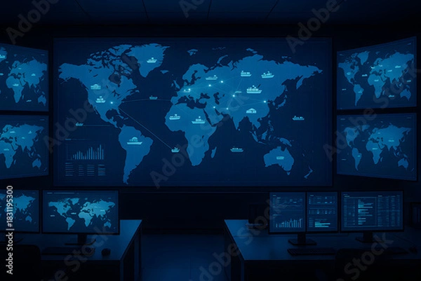 Obraz High tech control room with multiple screens displaying global shipping routes, maritime tracking data, and international logistics monitoring in a secure operations center
