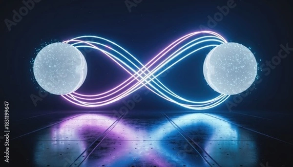 Fototapeta Futuristic infinity with neon lights and abstract sphere reflections